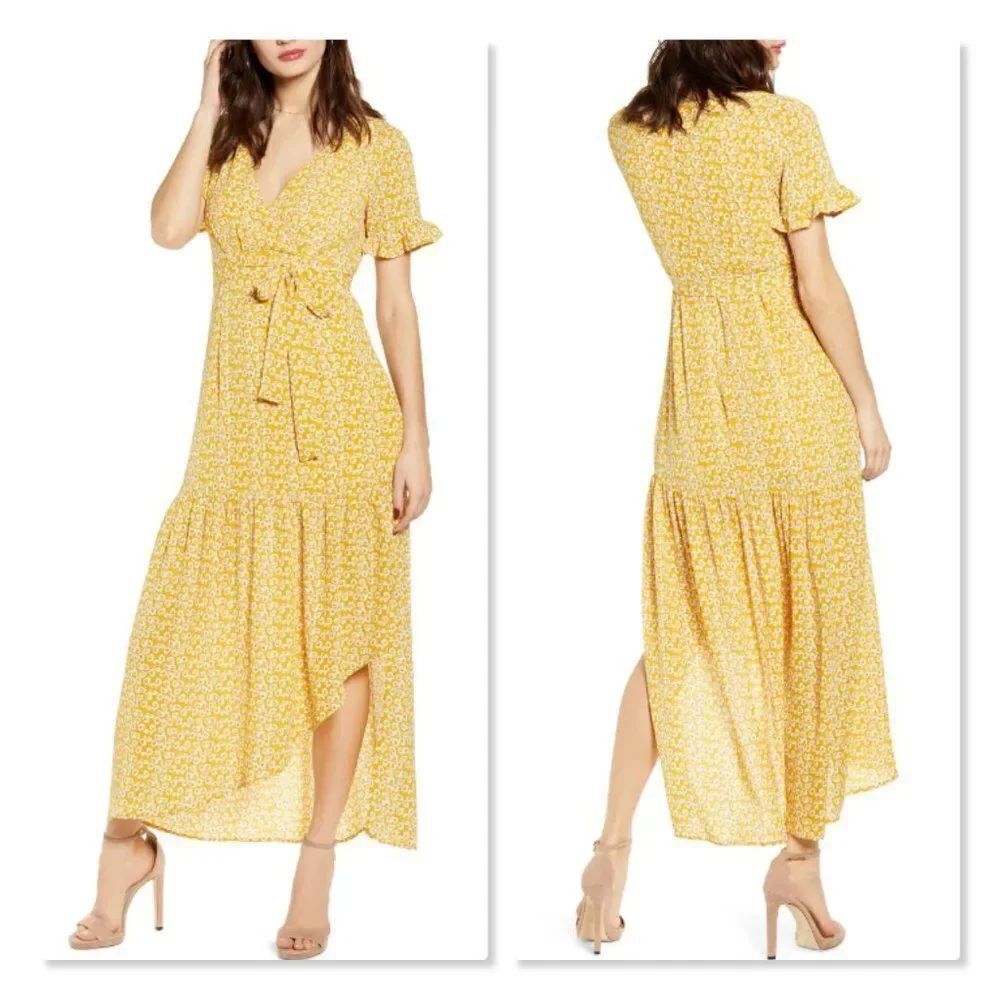 🌻 ONE CLOTHING 🌻 Floral Faux-wrap Maxi Dress - [Medium, Yellow]